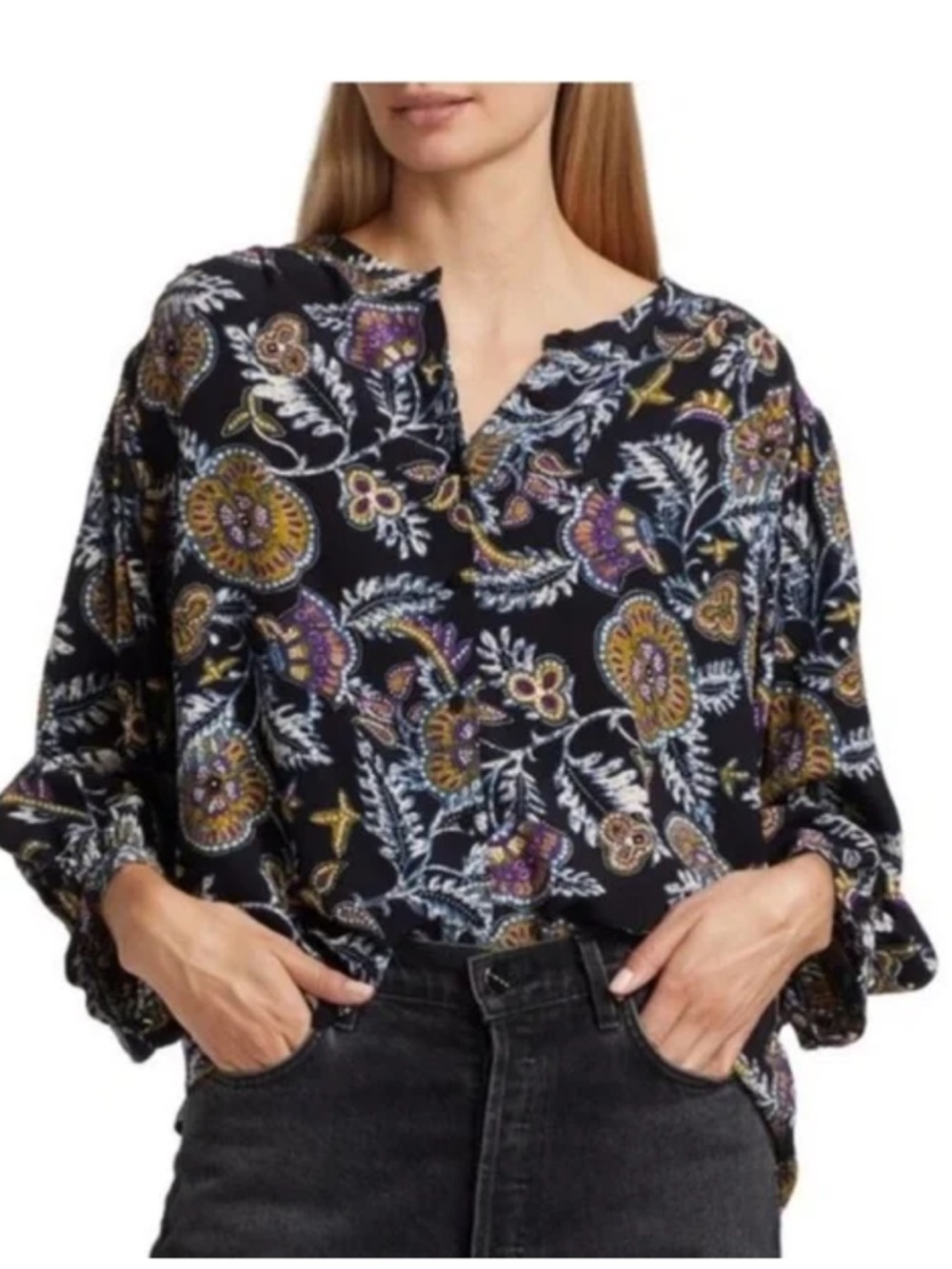 ba&sh Black Tunic Blouse with Gold and Purple Floral & Paisley Accents Size M/L